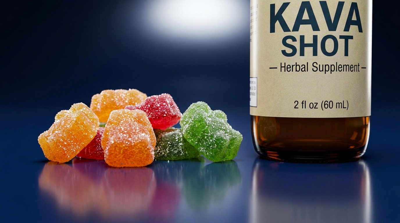 Colorful kava gummies next to a kava shot bottle