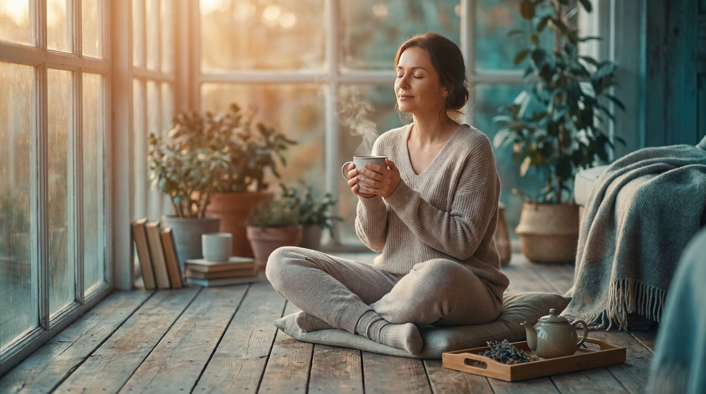 Person meditating with herbal tea for stress relief